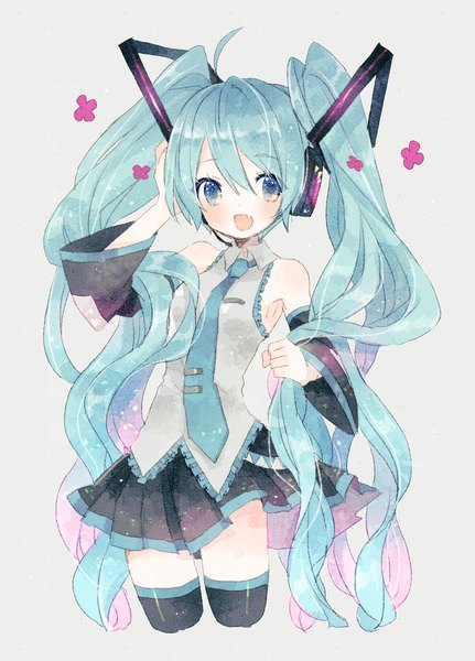 Anime picture 1378x1920 with vocaloid hatsune miku kikka (kicca choco) single tall image looking at viewer blush fringe open mouth simple background hair between eyes twintails bare shoulders ahoge very long hair :d pleated skirt multicolored hair aqua eyes aqua hair