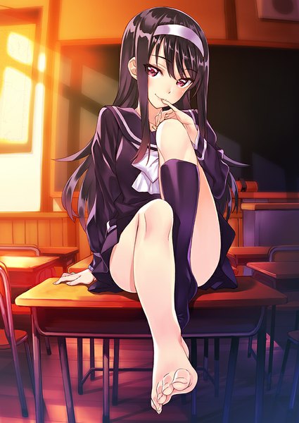 Anime picture 708x1000 with original matsuryuu single long hair tall image looking at viewer blush fringe light erotic black hair red eyes sitting bent knee (knees) indoors pleated skirt barefoot sunlight bare legs no shoes finger to mouth