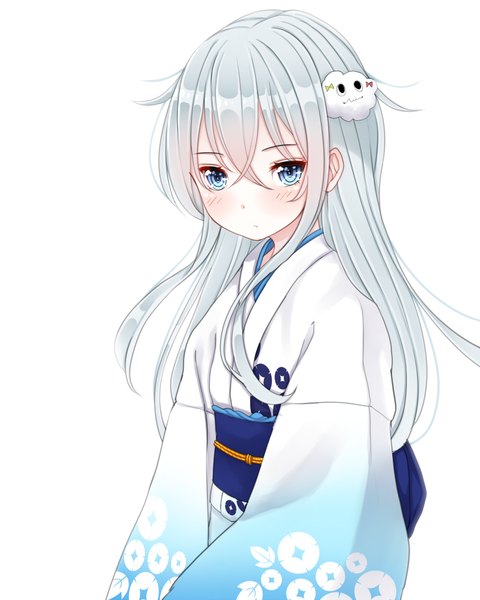 Anime picture 960x1200 with kantai collection hibiki destroyer verniy destroyer miss cloud kiyomin single long hair tall image looking at viewer blush fringe blue eyes simple background hair between eyes white background silver hair traditional clothes japanese clothes cute girl