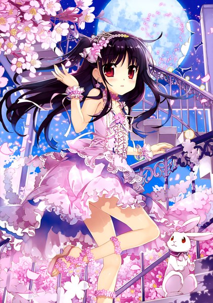 Anime picture 2870x4094 with fujima takuya single long hair tall image looking at viewer blush highres black hair red eyes loli cherry blossoms girl dress hair ornament flower (flowers) animal petals frills moon bunny