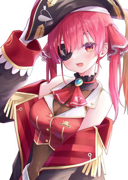 Anime picture 3200x4500 with virtual youtuber hololive houshou marine houshou marine (1st costume) amano kurumi single long hair tall image fringe highres open mouth simple background hair between eyes red eyes white background absurdres upper body red hair :d adjusting hat