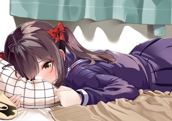 Anime-Bild 1771x1254 mit original sana (allbyte) byte (allbyte) single long hair blush fringe highres brown hair twintails brown eyes payot looking away indoors lying long sleeves pleated skirt hair over one eye short twintails on stomach