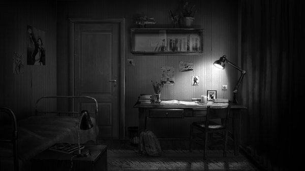 Anime-Bild 1920x1080 mit tiny bunny saikono highres wide image game cg realistic night shadow monochrome light no people plant (plants) window book (books) bed toy chair table cup backpack