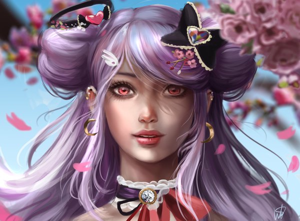 Anime picture 1920x1418 with original whails (lana kerr) single long hair looking at viewer highres red eyes signed purple hair parted lips realistic hair bun (hair buns) lipstick face pink lipstick makeup girl hair ornament flower (flowers) earrings