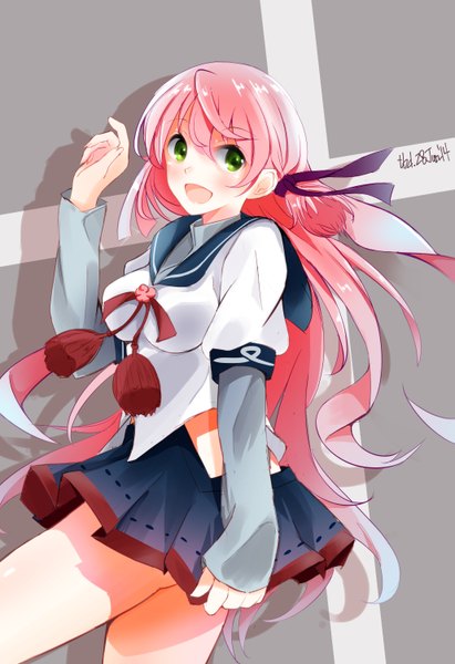Anime picture 2057x3000 with kantai collection akashi repair ship tebi (tbd11) single long hair tall image blush highres open mouth light erotic smile green eyes signed pink hair long sleeves :d dated 2014 girl skirt