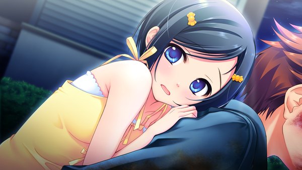 Anime picture 1280x720 with astraythem ginta blush short hair open mouth blue eyes black hair wide image game cg girl