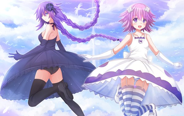 Anime picture 1900x1200 with choujigen game neptune neptune (choujigen game neptune) purple heart kazenokaze long hair blush highres short hair open mouth blue eyes light erotic multiple girls sky purple hair cloud (clouds) pantyshot girl thighhighs dress gloves