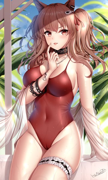 Anime picture 1200x2000 with arknights angelina (arknights) angelina (summer flowers) (arknights) wsman single long hair tall image looking at viewer blush fringe breasts light erotic red eyes brown hair large breasts sitting signed animal ears arm support wet