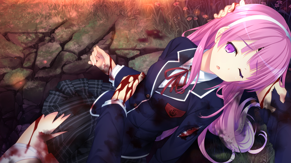 Anime picture 1280x720 with houkago no futekikakusha long hair open mouth wide image pink hair game cg one eye closed pink eyes wink girl uniform school uniform hairband blood