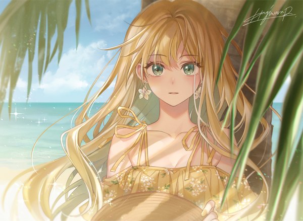 Anime picture 3637x2659 with original hagiwara rin single long hair looking at viewer fringe highres open mouth blonde hair hair between eyes bare shoulders holding green eyes signed absurdres sky cloud (clouds) upper body sparkle floral print