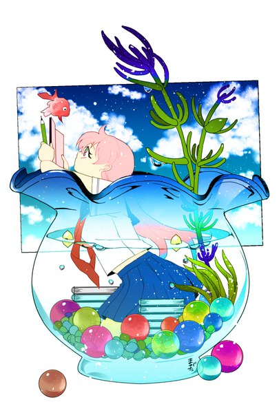 Anime picture 700x1036 with original moe (magatan) magatan single tall image simple background white background sitting signed pink hair cloud (clouds) profile pink eyes partially submerged looking up girl uniform animal water serafuku