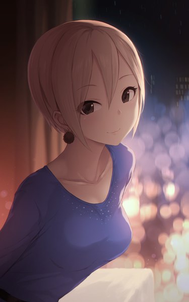 Anime picture 950x1520 with idolmaster idolmaster cinderella girls shiomi shuuko cait single tall image looking at viewer blush fringe short hair black hair hair between eyes payot indoors long sleeves light smile grey hair blurry night leaning