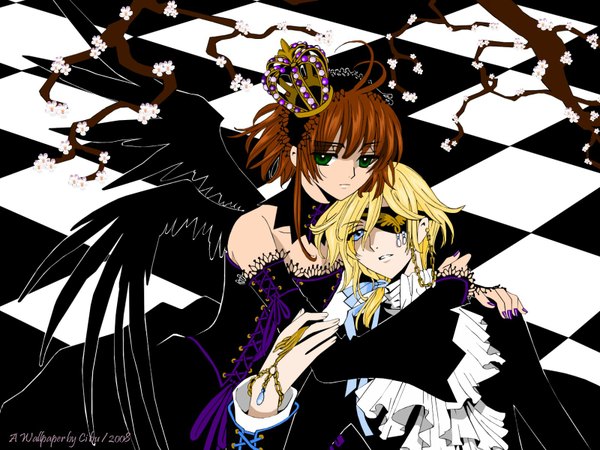 Anime picture 1600x1200 with tsubasa reservoir chronicle clamp kinomoto sakura fay d flourite checkered background gothic wings eyepatch crown