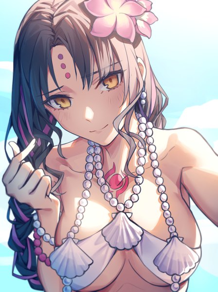 Anime picture 1221x1635 with fate (series) fate/grand order sesshouin kiara sesshouin kiara (swimsuit mooncancer) (fate) yangsan (2991076090) single long hair tall image looking at viewer breasts light erotic black hair large breasts sky upper body braid (braids) multicolored hair hair flower light smile tattoo