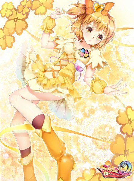 Anime picture 800x1078 with precure fresh precure! toei animation yamabuki inori cure pine paint musume single tall image looking at viewer short hair blonde hair yellow eyes one side up girl dress bow hair bow boots