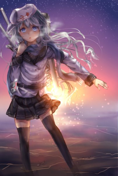 Anime picture 1181x1748 with kantai collection hibiki destroyer verniy destroyer yuunagi komo single long hair tall image blue eyes standing silver hair evening sunset hammer and sickle girl thighhighs skirt uniform school uniform hat water