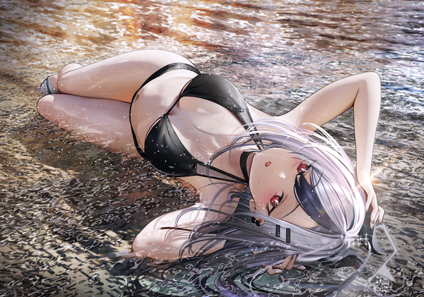 Anime picture 2976x2087 with blue archive kayoko (blue archive) nanaken nana single long hair looking at viewer blush fringe highres breasts open mouth light erotic red eyes large breasts silver hair full body outdoors lying multicolored hair arms up