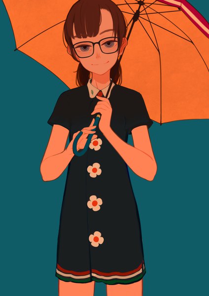 Anime picture 2893x4092 with original hieda yawe single tall image looking at viewer fringe highres short hair simple background smile brown hair standing grey eyes aqua background girl glasses umbrella flower (symbol)
