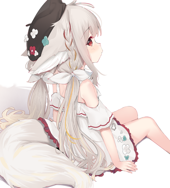 Anime picture 3189x3541 with original sakurada shiro eip (pepai) single long hair tall image looking at viewer blush highres simple background red eyes white background sitting twintails bare shoulders animal ears payot absurdres bent knee (knees) tail