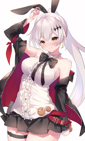 Anime-Bild 1500x2500 mit girls frontline five-seven (girls frontline) diieru single long hair tall image blush fringe breasts light erotic simple background large breasts standing white background bare shoulders brown eyes animal ears payot looking away white hair