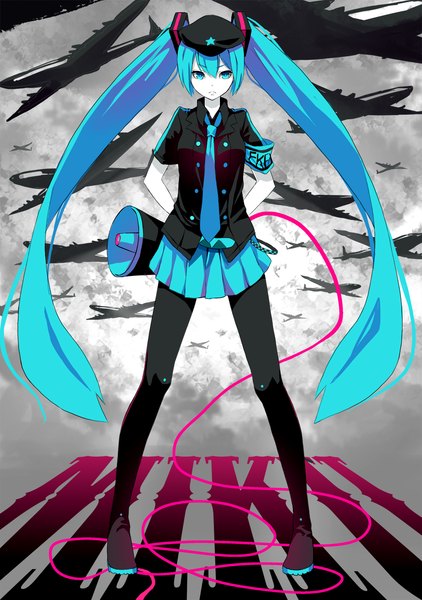 Anime picture 1000x1423 with vocaloid koi wa sensou (vocaloid) hatsune miku fkey single tall image twintails very long hair aqua eyes aqua hair inscription girl thighhighs skirt black thighhighs shirt necktie beret wire (wires) flat cap