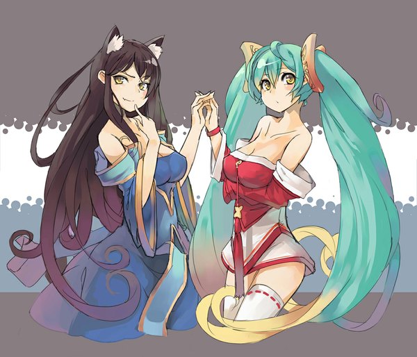 Anime picture 1100x943 with league of legends ahri (league of legends) sona buvelle nellen blush light erotic black hair twintails multiple girls animal ears yellow eyes very long hair multicolored hair light smile holding hands finger to mouth girl thighhighs dress 2 girls