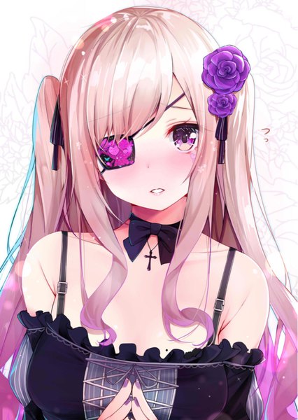 Anime picture 1528x2154 with original rouka (akatyann) single long hair tall image looking at viewer blush fringe simple background blonde hair white background purple eyes payot upper body nail polish parted lips head tilt hair flower fingernails mole