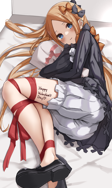 Anime picture 644x1078 with fate (series) fate/grand order abigail williams (fate) kopaka (karda nui) single long hair tall image looking at viewer blush blue eyes light erotic blonde hair full body lying on side valentine yes-no pillow girl ribbon (ribbons) bow