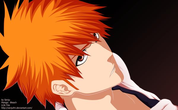 Anime picture 3745x2322 with bleach studio pierrot kurosaki ichigo senjufm single highres short hair red eyes wide image absurdres japanese clothes from above orange hair coloring portrait face brown background boy kimono