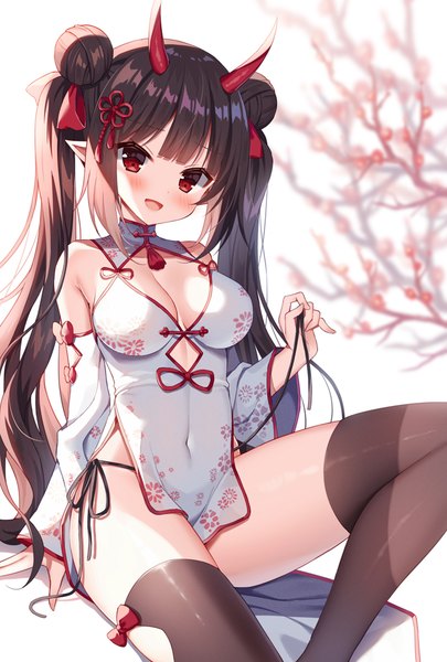 Anime picture 700x1036 with original mauve single long hair tall image looking at viewer blush fringe breasts open mouth light erotic black hair simple background smile red eyes large breasts sitting twintails bare shoulders payot