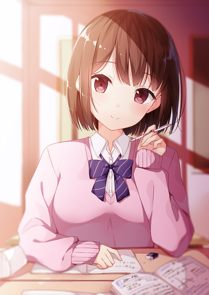 Anime picture 1254x1771 with original taiyaki (astre) single tall image looking at viewer blush fringe short hair smile brown hair sitting purple eyes holding indoors long sleeves sunlight shadow sleeves past wrists girl uniform
