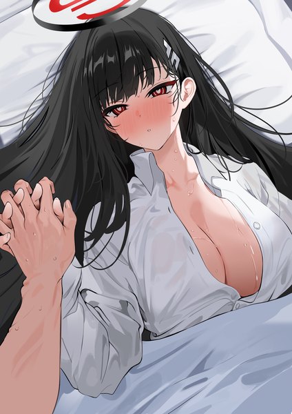 Anime picture 2480x3508 with blue archive rio (blue archive) yuki (asayuki101) long hair tall image blush fringe highres breasts light erotic black hair red eyes large breasts looking away lying blunt bangs parted lips from above on back sweat