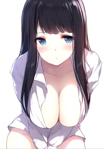 Anime picture 618x876 with original caidychen single long hair tall image looking at viewer blush fringe breasts blue eyes light erotic black hair simple background large breasts white background upper body leaning open shirt leaning forward girl