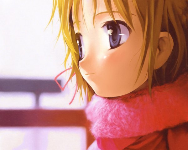 Anime picture 1600x1280 with original ishikei single blush short hair blonde hair light smile portrait close-up face girl ribbon (ribbons) hair ribbon scarf