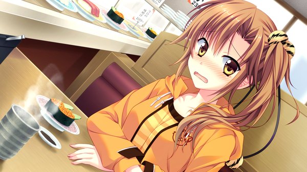 Anime picture 1280x720 with love-ressive (game) long hair blush open mouth brown hair wide image yellow eyes game cg ponytail side ponytail girl food sushi
