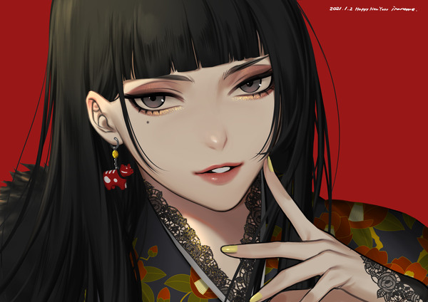Anime picture 1600x1131 with original inanome me single long hair looking at viewer fringe black hair simple background payot blunt bangs nail polish parted lips black eyes mole mole under eye lipstick face red background eyeshadow red lipstick