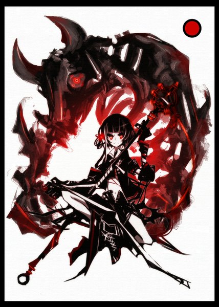 Anime picture 1069x1500 with original kiku (kicdoc) tall image black hair red eyes white background horn (horns) demon girl gloves boots staff