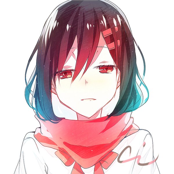 Anime picture 1000x1000 with kagerou project shaft (studio) tateyama ayano kiya (pixiv9904482) single looking at viewer fringe short hair black hair simple background hair between eyes red eyes white background signed upper body red hair parted lips multicolored hair aqua hair portrait