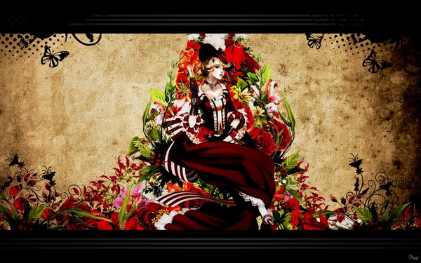 Anime picture 1920x1200 with snyp (r0pyns) single highres short hair blonde hair wide image wallpaper girl dress gloves flower (flowers) plant (plants) hat earrings choker shoes bracelet insect butterfly jewelry