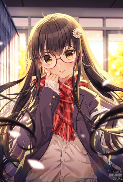 Anime picture 800x1185 with original moe2019 rosuuri single long hair tall image looking at viewer blush fringe smile hair between eyes brown hair standing signed yellow eyes payot upper body ahoge indoors parted lips