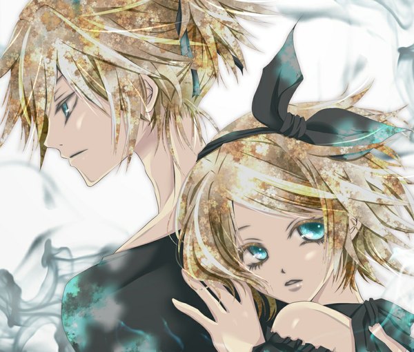 Anime picture 1000x850 with vocaloid kagamine rin kagamine len aonoe short hair blue eyes blonde hair bare shoulders girl boy hairband