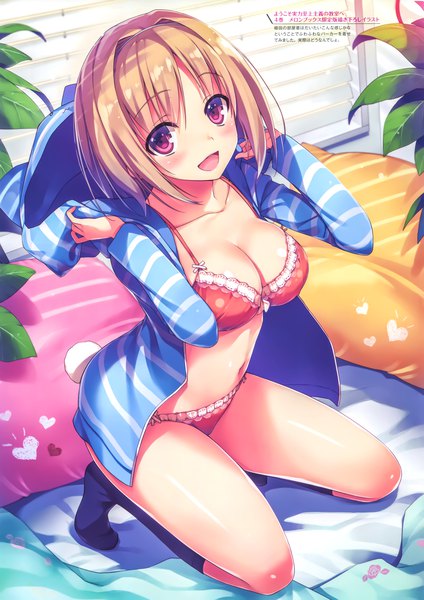 Anime picture 5258x7447 with youkoso jitsuryoku shijou shugi no kyoushitsu e kushida kikyou tomose shunsaku single tall image looking at viewer blush highres short hair breasts open mouth light erotic brown hair large breasts absurdres cleavage full body bent knee (knees) pink eyes from above