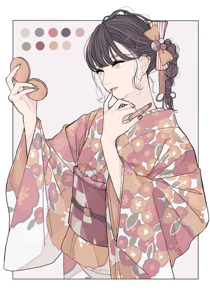 Anime picture 1500x2128 with original kko (um7mr) single long hair tall image fringe black hair looking away upper body braid (braids) traditional clothes japanese clothes grey eyes lipstick single braid floral print finger to mouth seigaiha girl hair ornament