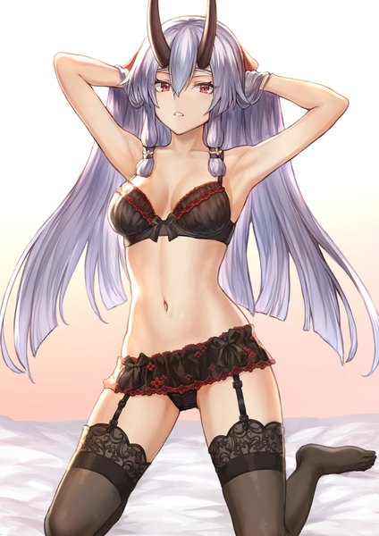 Anime picture 1302x1842 with fate (series) fate/grand order tomoe gozen (fate) mashuu (neko no oyashiro) single long hair tall image looking at viewer fringe breasts light erotic simple background hair between eyes red eyes bare shoulders payot cleavage silver hair full body parted lips