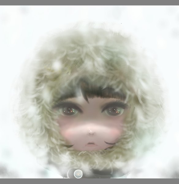 Anime picture 1450x1489 with original 42 7 (pixiv id 1740974) single tall image looking at viewer short hair open mouth brown hair grey eyes lens flare snowing letterboxed winter exhalation girl fur buttons