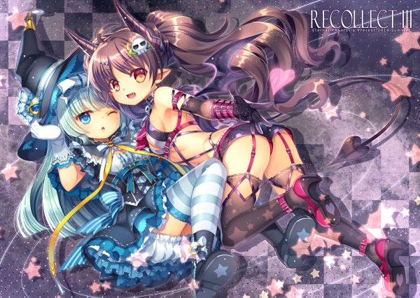 Anime picture 1200x853 with original capura lin long hair open mouth blue eyes light erotic black hair multiple girls blue hair one eye closed horn (horns) wink orange eyes witch checkered checkered background girl thighhighs dress gloves