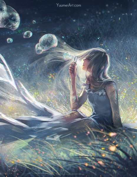 Anime picture 1080x1393 with original yuumei single long hair tall image fringe sitting bare shoulders holding signed silver hair outdoors eyes closed profile wind bubble blowing girl dress plant (plants) white dress