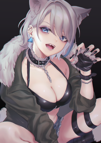 Anime picture 990x1400 with original anoa single tall image looking at viewer fringe short hair breasts open mouth blue eyes light erotic simple background hair between eyes large breasts sitting cleavage silver hair nail polish head tilt multicolored hair