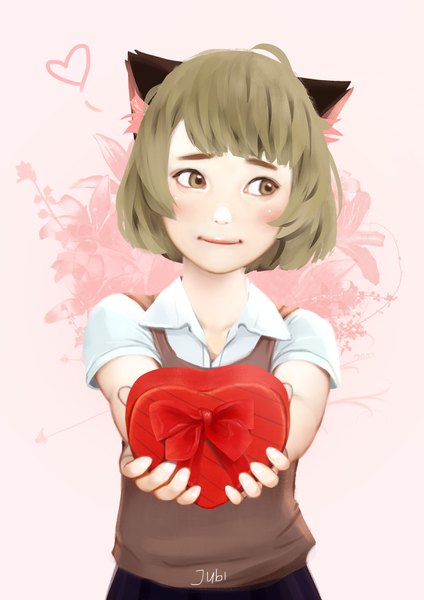 Anime picture 2480x3508 with original hana (jubi) jubi (regiana) single tall image blush fringe highres short hair blonde hair simple background brown eyes signed animal ears looking away blunt bangs cat ears short sleeves pink background outstretched hand