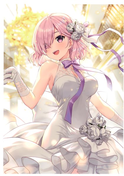 Anime picture 2816x4000 with fate (series) fate/grand order mash kyrielight rosuuri tall image blush fringe highres short hair breasts open mouth smile standing purple eyes bare shoulders looking away pink hair indoors :d hair flower